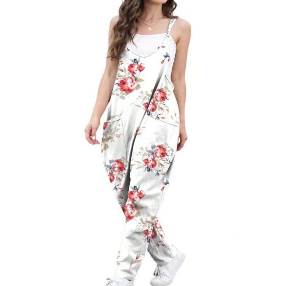 White Onesie With Red Flowers And Pockets Size Medium Brand New in Package - Picture 4 of 5